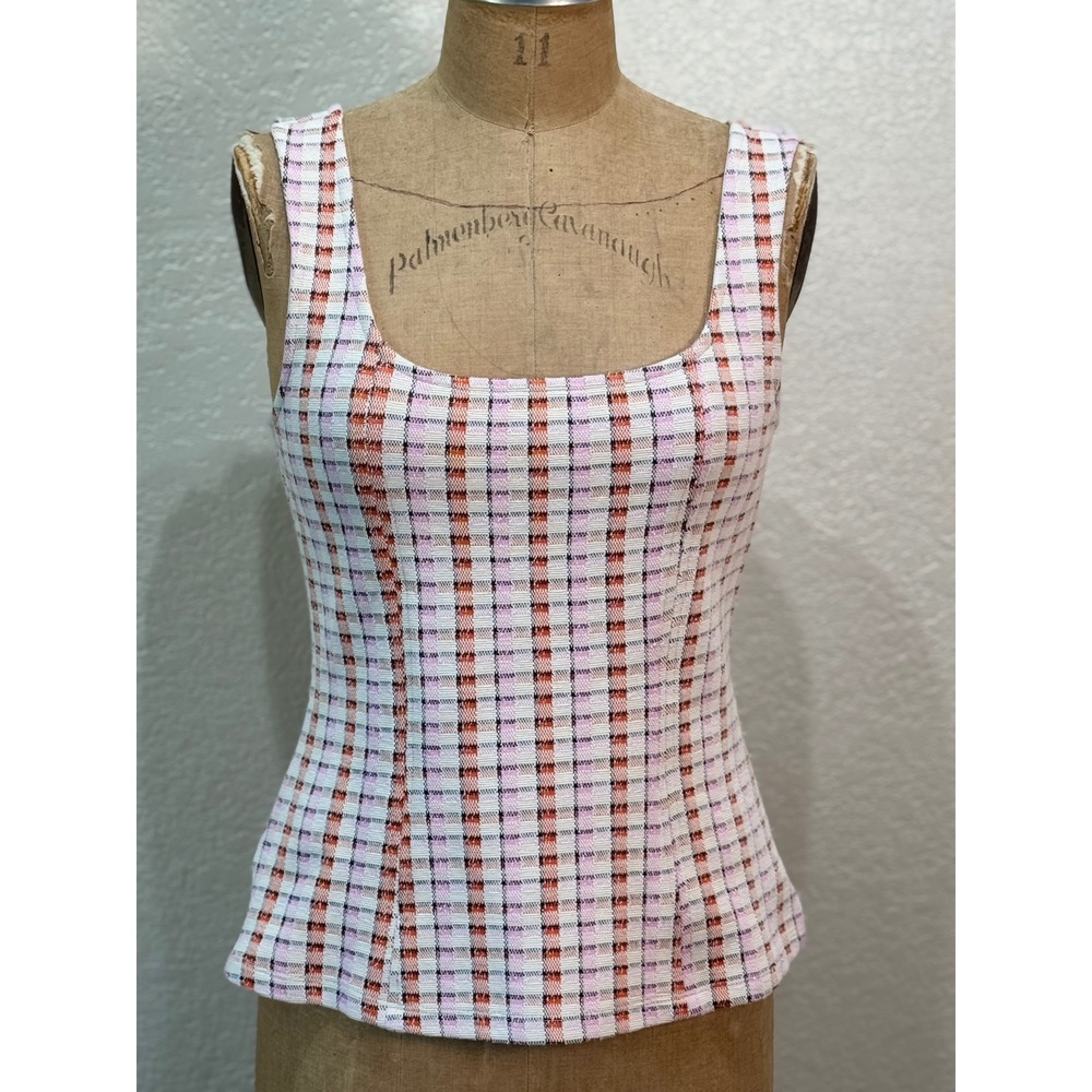 Ann Taylor Womens Pink Orange Plaid Scoop Neck Sleeveless Shell Top Size S